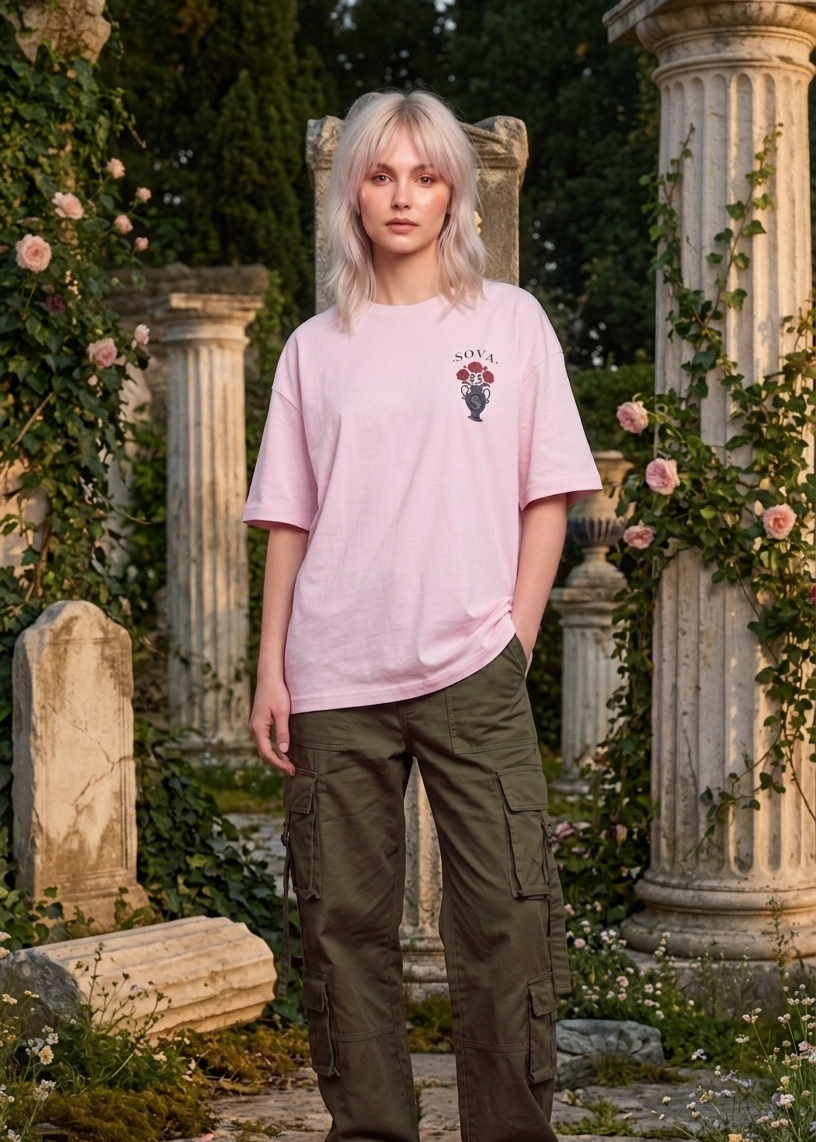 Sova — Pink Statue & Roses Oversized Shirt