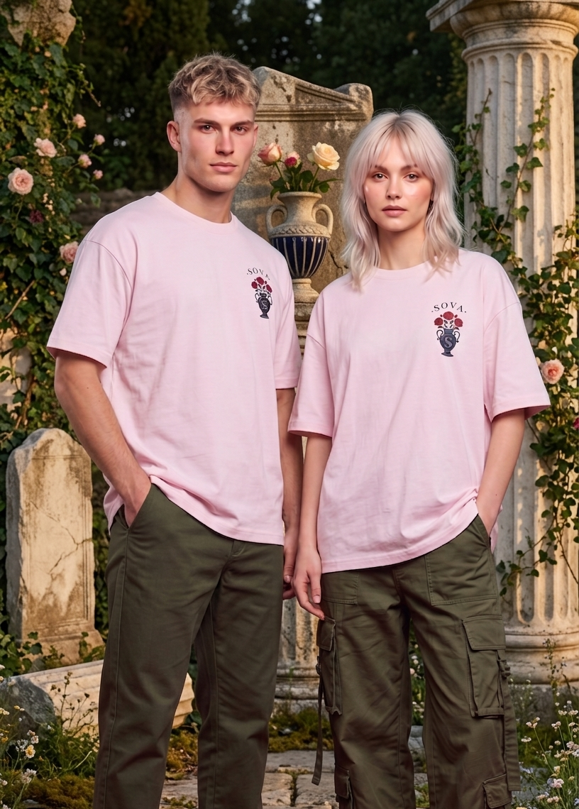 Sova — Pink Statue & Roses Oversized Shirt