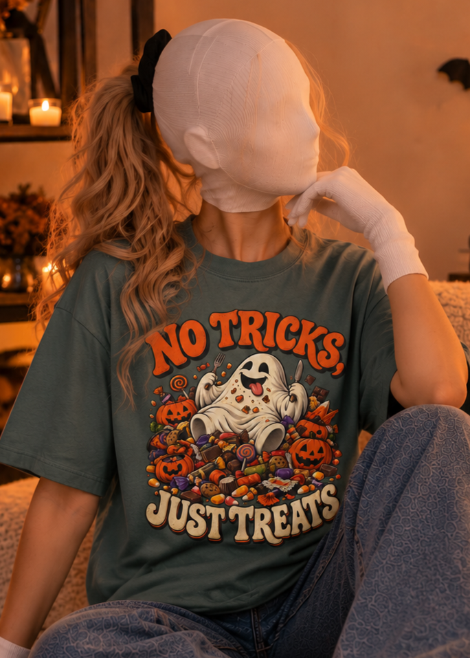 No Tricks Just Treats Halloween T-Shirt, Cute Ghost Candy Graphic Tee, Comfort Colors 1717 Vintage Fall Shirt