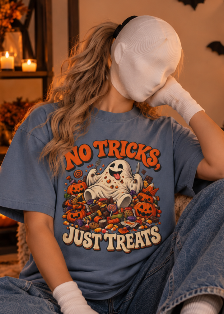 No Tricks Just Treats Halloween T-Shirt, Cute Ghost Candy Graphic Tee, Comfort Colors 1717 Vintage Fall Shirt
