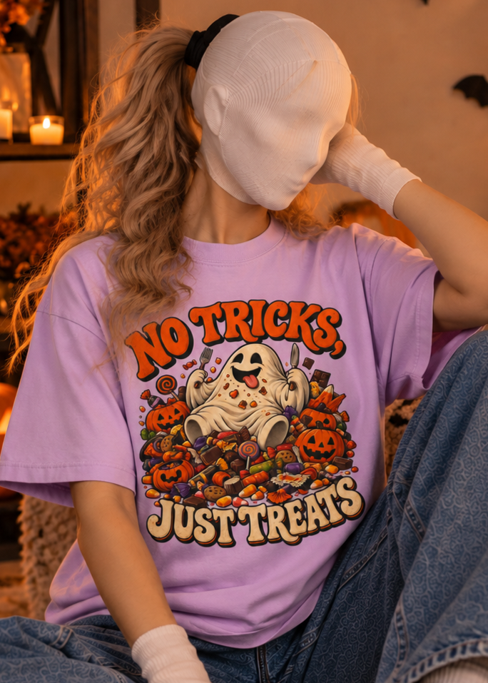 No Tricks Just Treats Halloween T-Shirt, Cute Ghost Candy Graphic Tee, Comfort Colors 1717 Vintage Fall Shirt