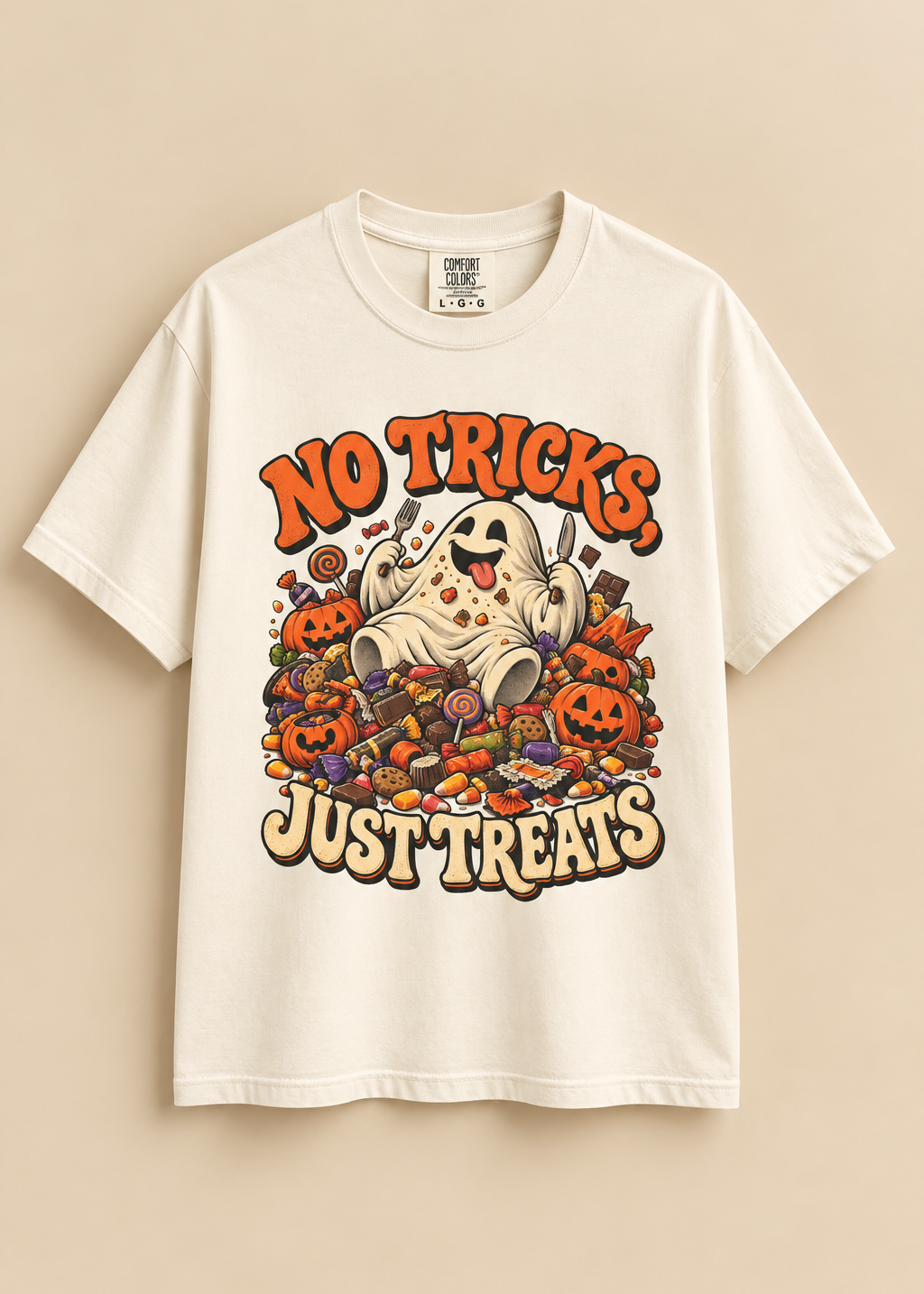 No Tricks Just Treats Halloween T-Shirt, Cute Ghost Candy Graphic Tee, Comfort Colors 1717 Vintage Fall Shirt