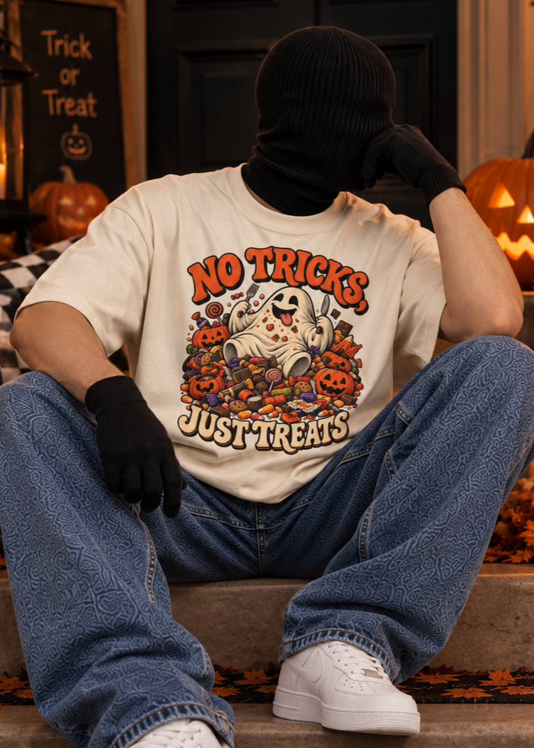 No Tricks Just Treats Halloween T-Shirt, Cute Ghost Candy Graphic Tee, Comfort Colors 1717 Vintage Fall Shirt