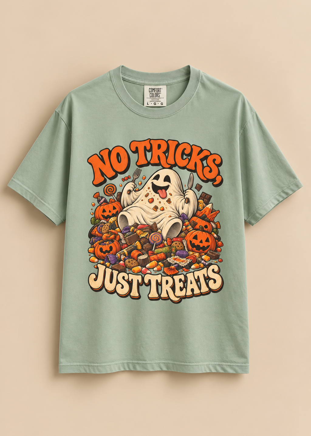 No Tricks Just Treats Halloween T-Shirt, Cute Ghost Candy Graphic Tee, Comfort Colors 1717 Vintage Fall Shirt