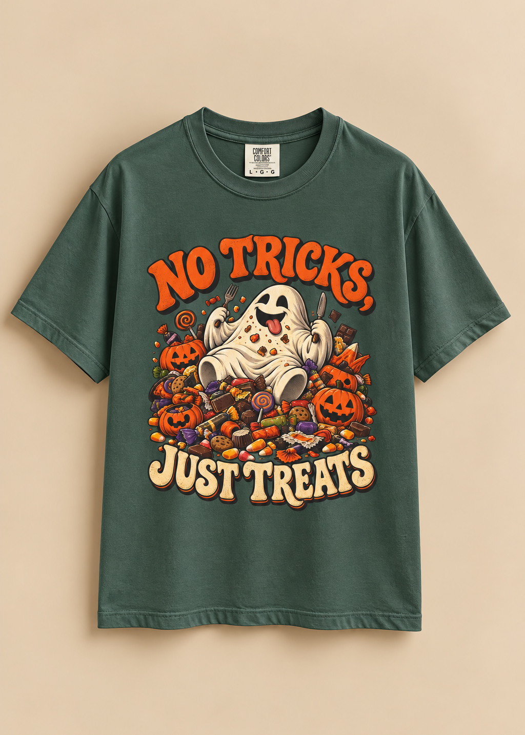 No Tricks Just Treats Halloween T-Shirt, Cute Ghost Candy Graphic Tee, Comfort Colors 1717 Vintage Fall Shirt