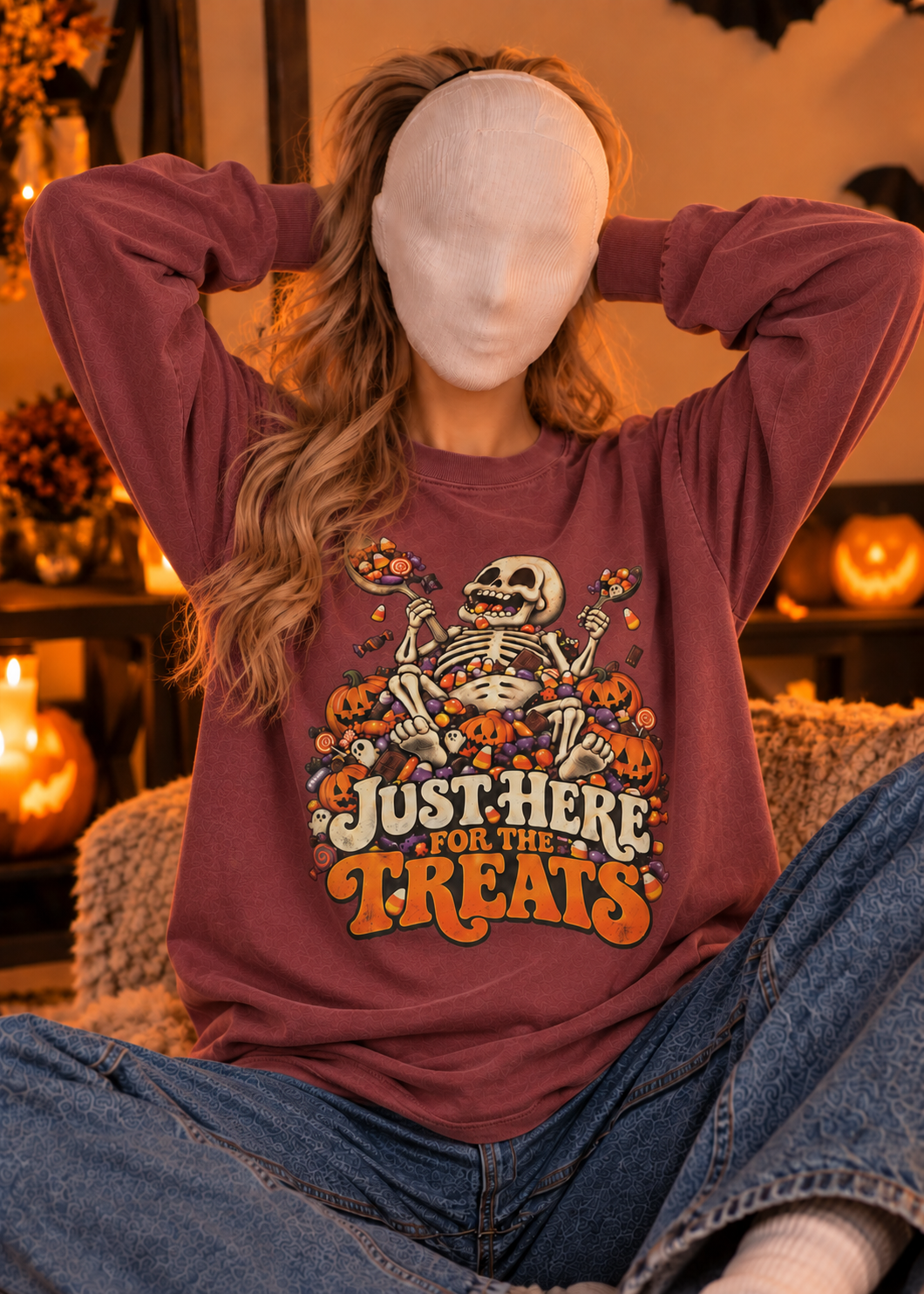Halloween Skeleton 'Just Here for the Treats' Long Sleeve Tee